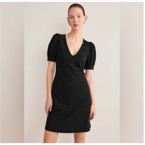 Boden Black V-Neck Puff Sleeve Mini Dress